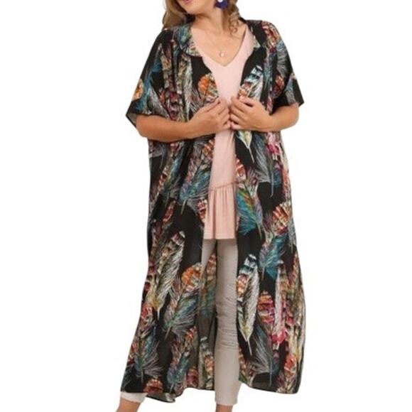 Umgee long duster kimono lightweight in a feather print - Picture 1 of 5
